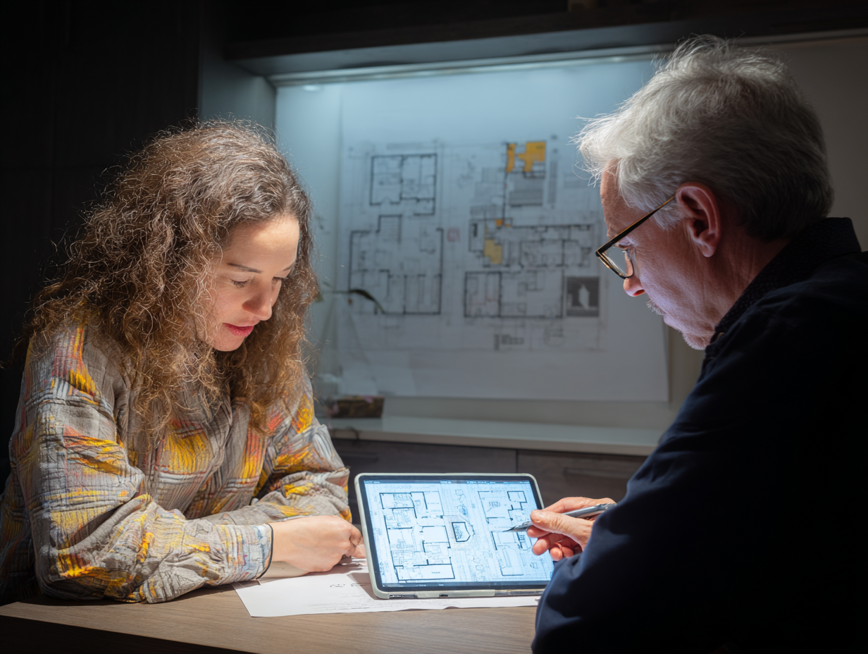 Soundproofing consultant meeting with a Brooklyn client, showing acoustic design plan on tablet